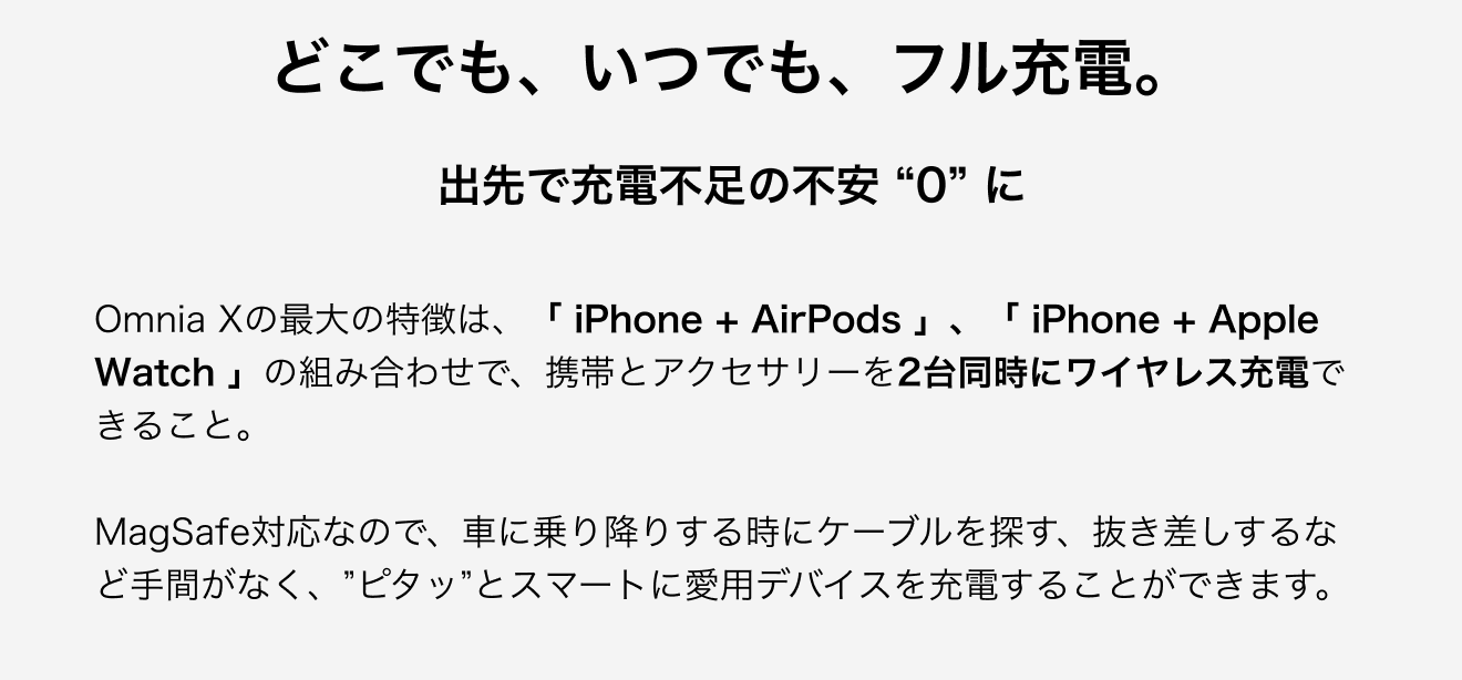 どこでも、いつでも、フル充電。出先で充電不足の不安0に。Omnia Xの最大の特徴は、iPhone + AirPods、iPhone + Apple Watchの組み合わせで、携帯とアクセサリーを2台同時にワイヤレス充電できること。MagSafe対応なので、車に乗り降りする時にケーブルを探す、抜き差しするなど手間がなく、”ピタッ”とスマートに愛用デバイスを充電することができます。